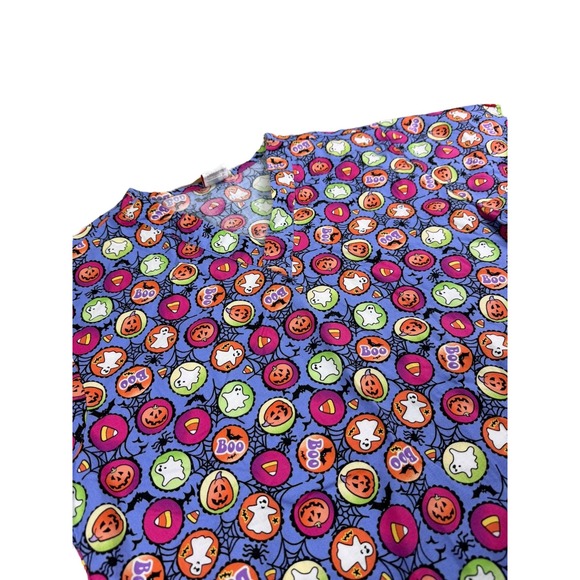 Dickies Purple Halloween Scrub Top Small Jack O Lantern Ghost Boo Candy Corn - Picture 1 of 11